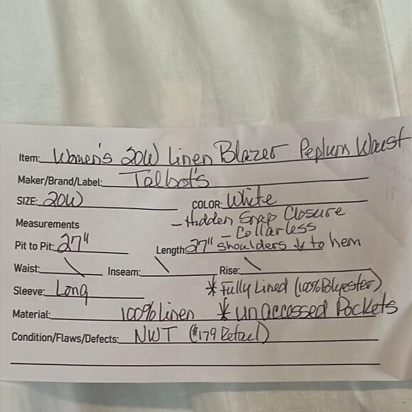 Talbot's Woman 20W White 100% Linen Peplum Blazer Jacket White Party NWT - Picture 2 of 10